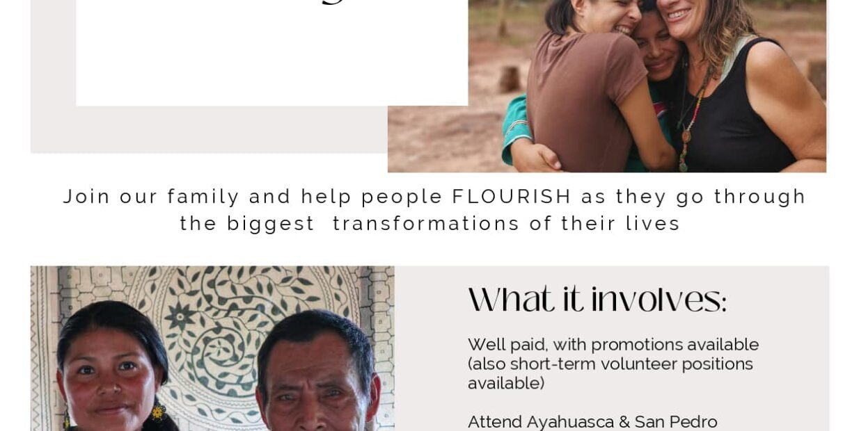 Mai Niti healing center volunteer program in Pucallpa, Peru poster with Shipibo healers and volunteers, highlighting paid roles, ceremonies, meals, and lodging.