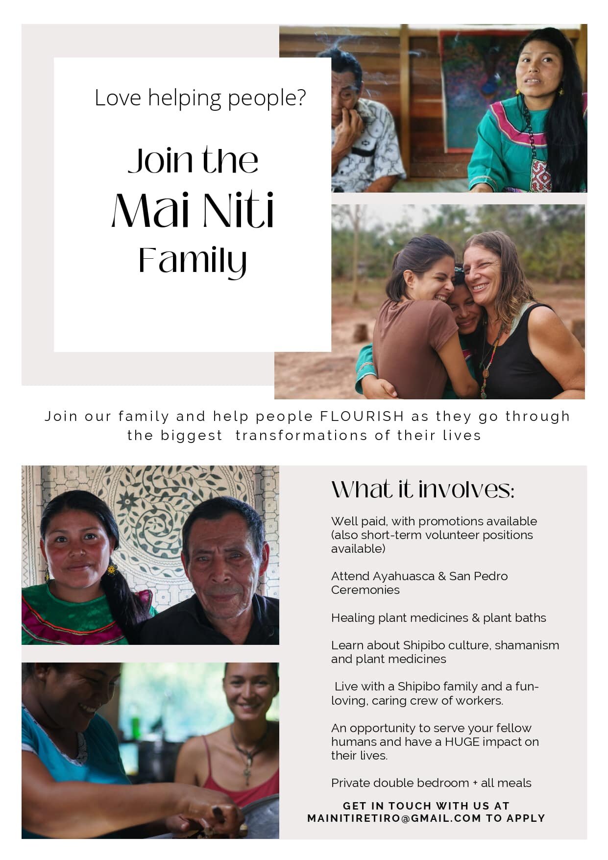 Mai Niti healing center volunteer program in Pucallpa, Peru poster with Shipibo healers and volunteers, highlighting paid roles, ceremonies, meals, and lodging.