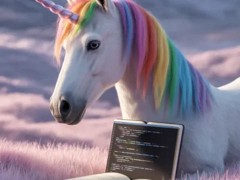 AI generated illustration of a rainbow-maned unicorn coding on a laptop, representing Hackspace Wendland queer volunteer project Germany, a FLINTA* makerspace.