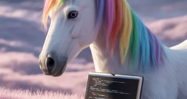 AI generated illustration of a rainbow-maned unicorn coding on a laptop, representing Hackspace Wendland queer volunteer project Germany, a FLINTA* makerspace.