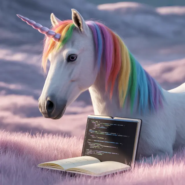 AI generated illustration of a rainbow-maned unicorn coding on a laptop, representing Hackspace Wendland queer volunteer project Germany, a FLINTA* makerspace.