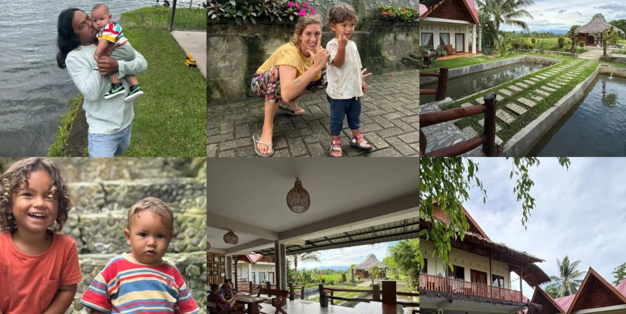 Social media volunteer Sumatra - Bukit Lawang eco-guesthouse and family: two young boys, open-air lounge, garden ponds and lake views in North Sumatra, Indonesia.