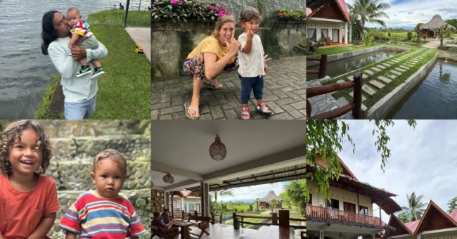 Social media volunteer Sumatra - Bukit Lawang eco-guesthouse and family: two young boys, open-air lounge, garden ponds and lake views in North Sumatra, Indonesia.