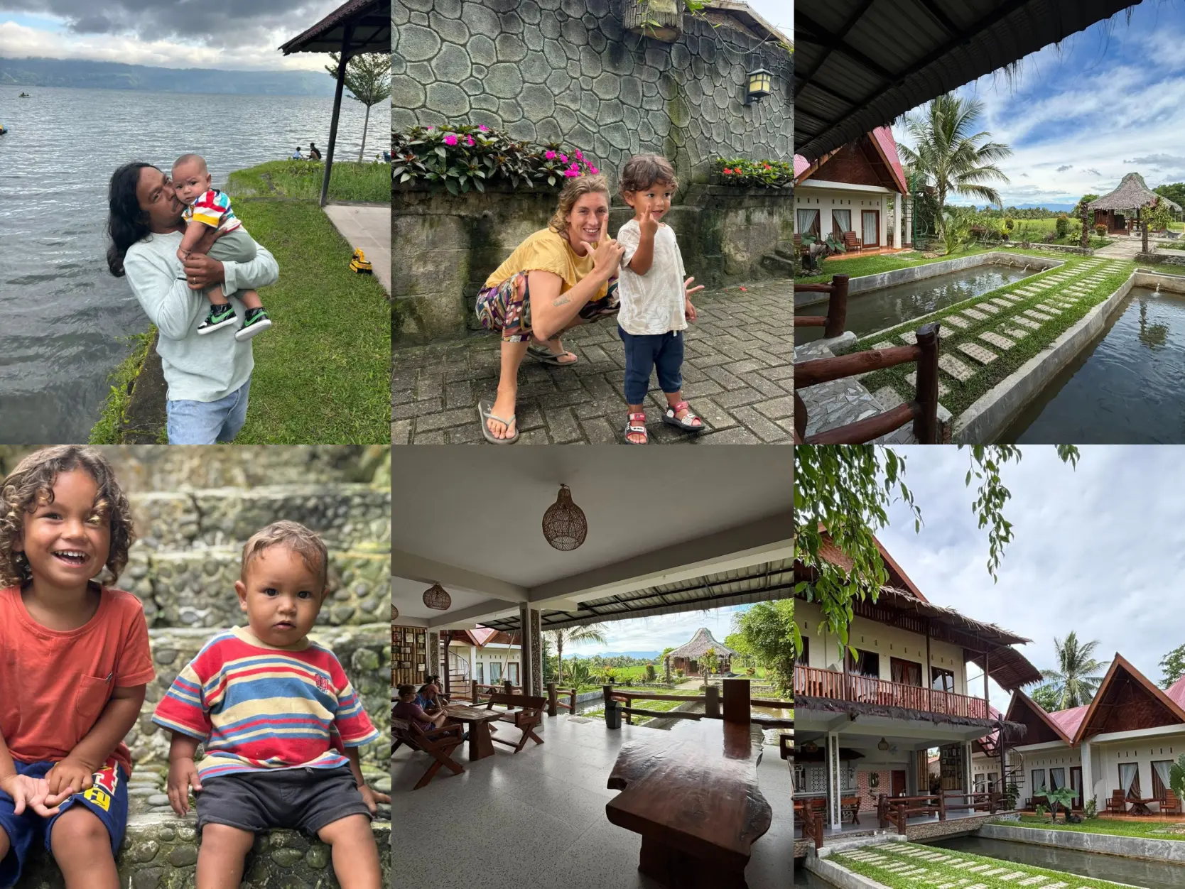 Social media volunteer Sumatra - Bukit Lawang eco-guesthouse and family: two young boys, open-air lounge, garden ponds and lake views in North Sumatra, Indonesia.