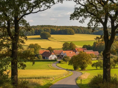 Rundling village in Wendland, Lower Saxony, Germany - half-timbered farmhouses along a winding road amid fields, with distant wind turbines.