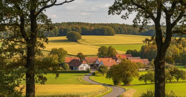 Rundling village in Wendland, Lower Saxony, Germany - half-timbered farmhouses along a winding road amid fields, with distant wind turbines.