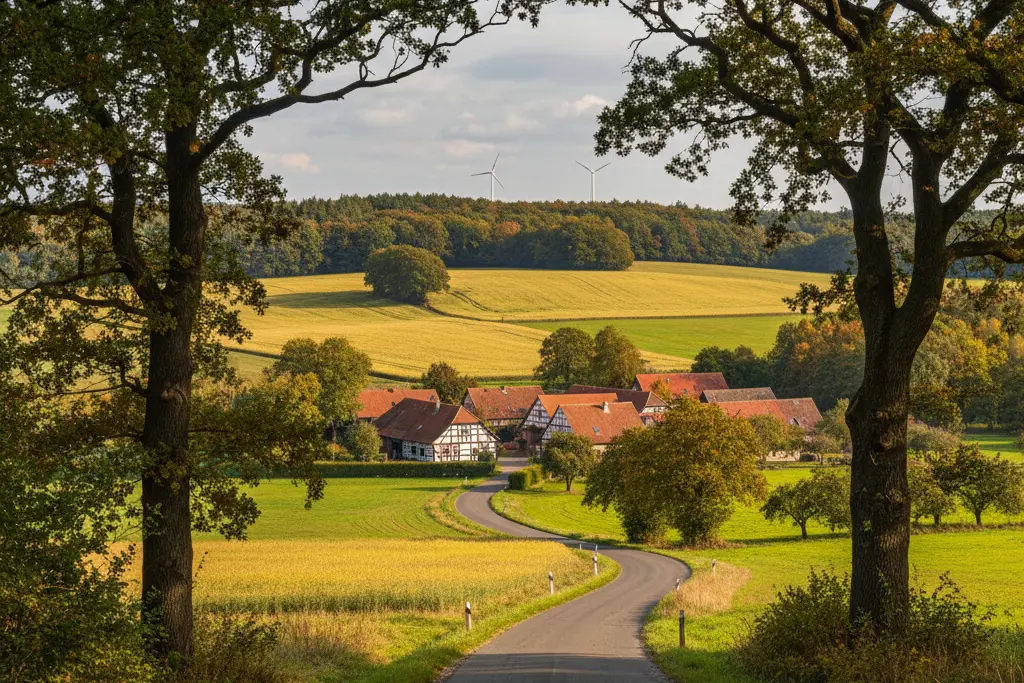 Rundling village in Wendland, Lower Saxony, Germany - half-timbered farmhouses along a winding road amid fields, with distant wind turbines.