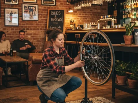Young volunteer fixing a bicycle wheel at a repair café event in a pub.