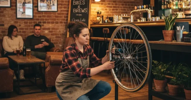 Young volunteer fixing a bicycle wheel at a repair café event in a pub.