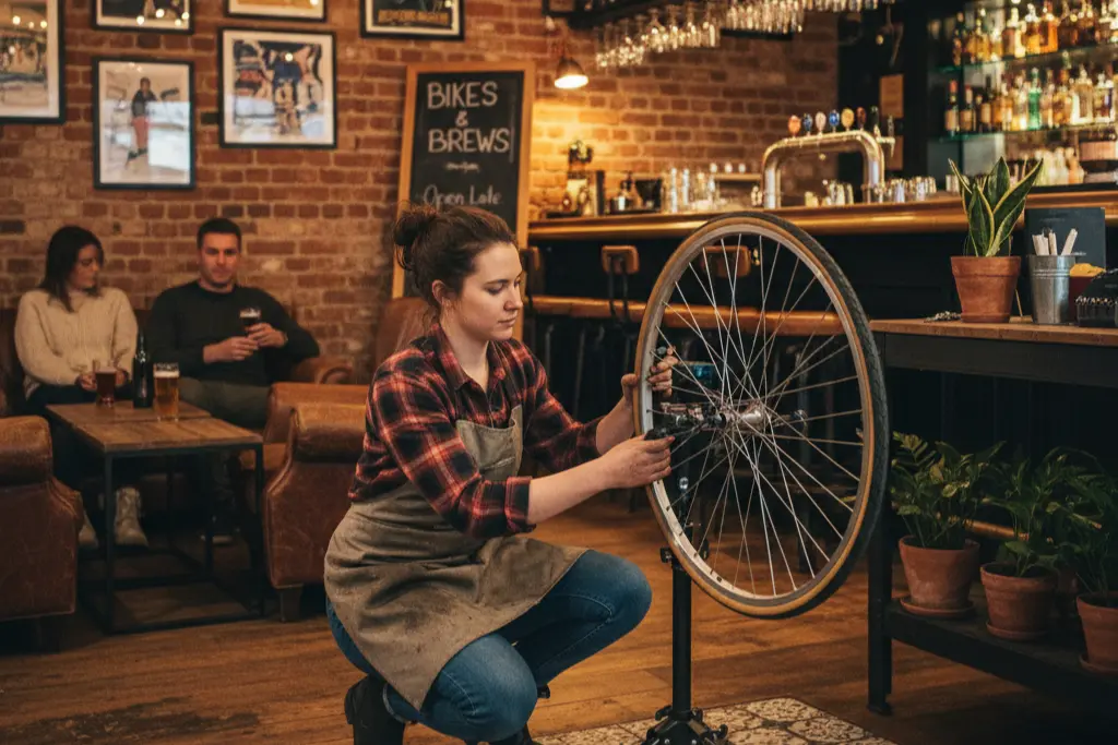 Young volunteer fixing a bicycle wheel at a repair café event in a pub.