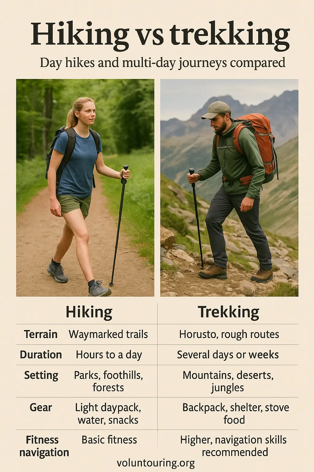 Infographic for “hiking vs trekking” showing a casual day hiker on a waymarked trail beside a multi-day trekker on rough mountain terrain, with a comparison table of terrain, duration, setting, gear, fitness, and navigation.