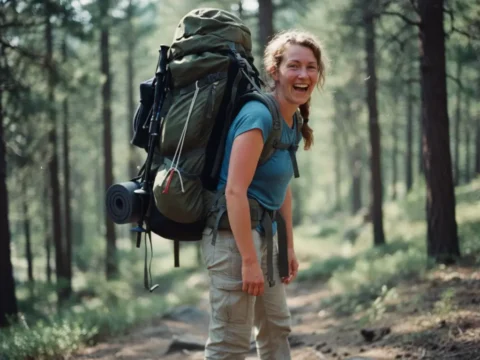 Smiling woman backpacking in a forest, representing an active outdoor lifestyle and movement as one of the best predictors of healthy aging.