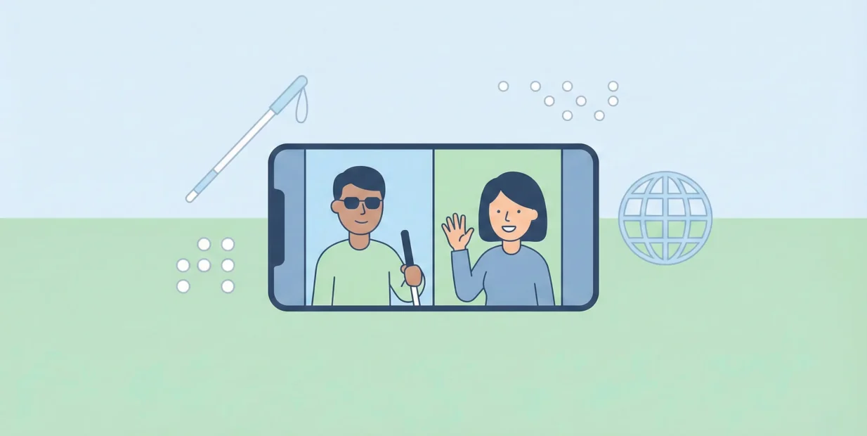 Be My Eyes volunteering app illustration with a blind man holding a white cane video calling a smiling sighted woman on a smartphone, surrounded by icons for braille, a white cane and a globe