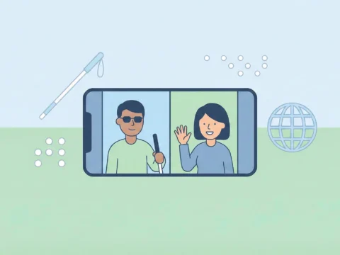 Be My Eyes volunteering app illustration with a blind man holding a white cane video calling a smiling sighted woman on a smartphone, surrounded by icons for braille, a white cane and a globe
