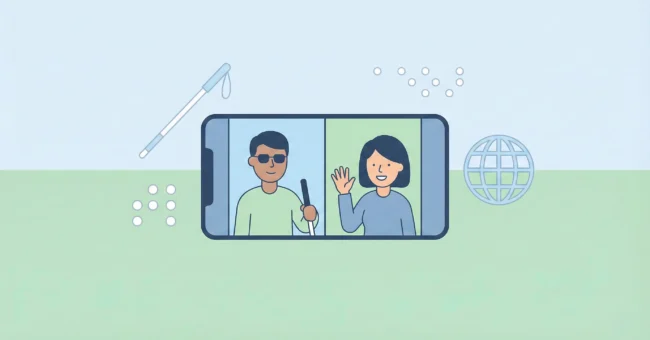 Be My Eyes volunteering app illustration with a blind man holding a white cane video calling a smiling sighted woman on a smartphone, surrounded by icons for braille, a white cane and a globe