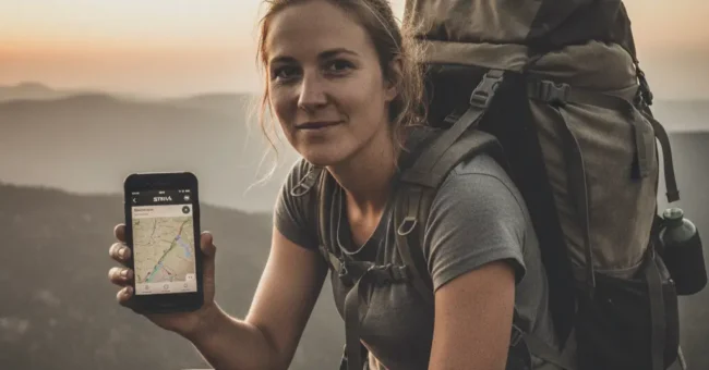 Backpacker on a mountain trail showing the Strava app on her phone, using GPS maps to plan a slow travel hike