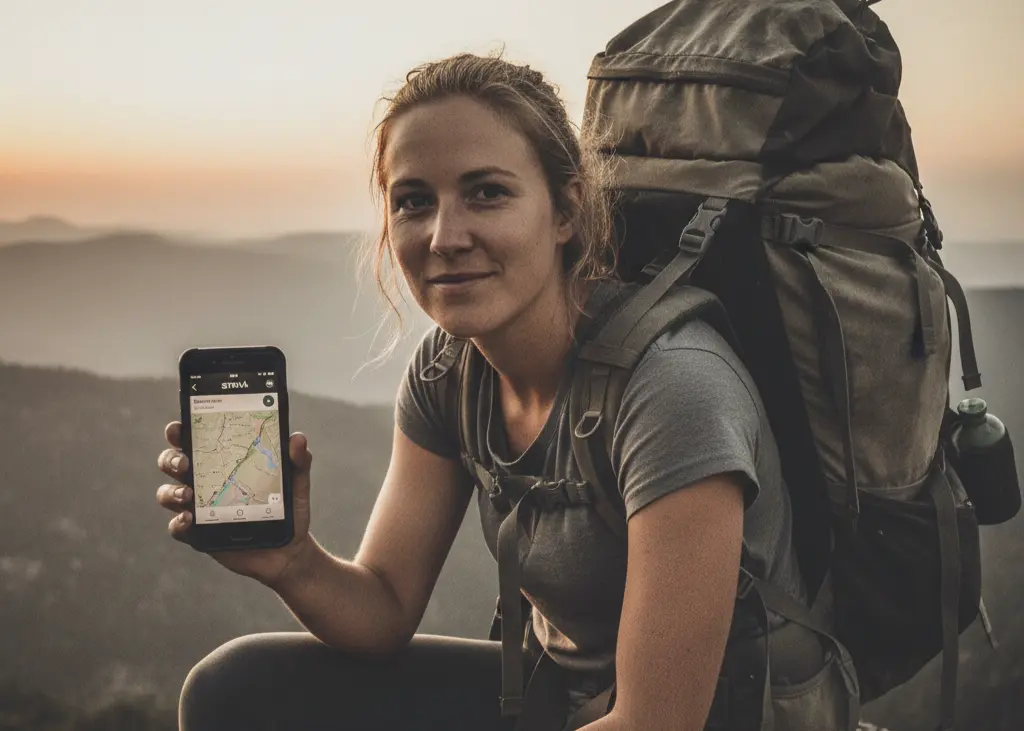 Backpacker on a mountain trail showing the Strava app on her phone, using GPS maps to plan a slow travel hike