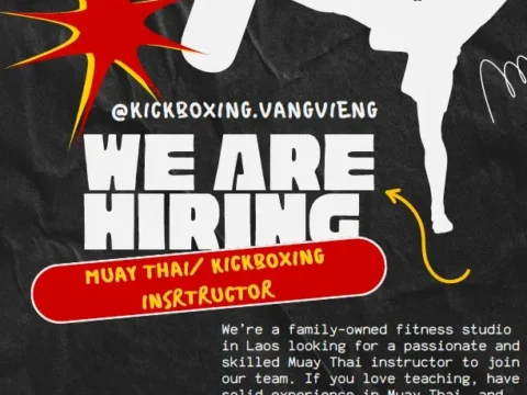 Muay Thai instructor job poster for Vang Vieng, Laos with free accommodation, two meals daily and 30 percent profit share.