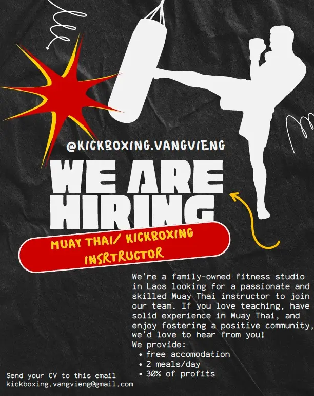 Muay Thai instructor job poster for Vang Vieng, Laos with free accommodation, two meals daily and 30 percent profit share.