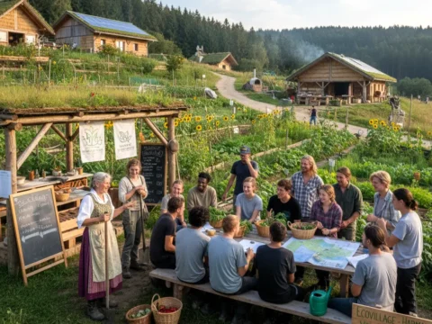 Volunteers sharing a meeting in an organic garden at a European ecovillage, planning community tasks around a long wooden table with eco houses and permaculture beds in the background, illustrating ecovillage volunteering and intentional community work exchange.