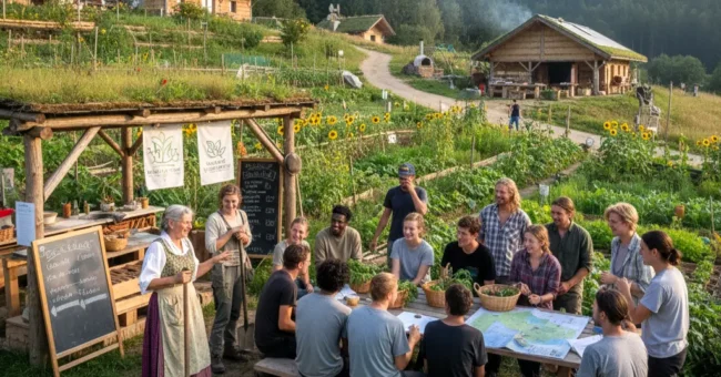 Volunteers sharing a meeting in an organic garden at a European ecovillage, planning community tasks around a long wooden table with eco houses and permaculture beds in the background, illustrating ecovillage volunteering and intentional community work exchange.