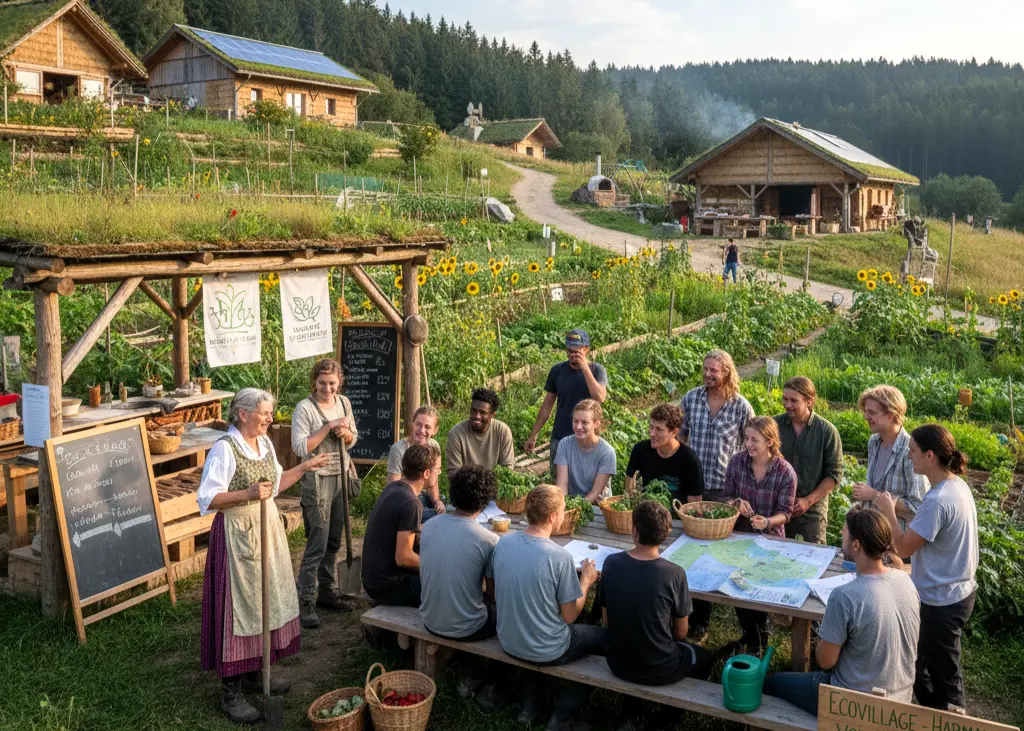 Volunteers sharing a meeting in an organic garden at a European ecovillage, planning community tasks around a long wooden table with eco houses and permaculture beds in the background, illustrating ecovillage volunteering and intentional community work exchange or volunteer programs