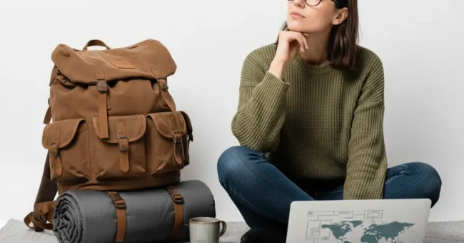Woman in glasses sits cross-legged with a laptop, backpack and notebook, thinking about accepting paid guest posts.