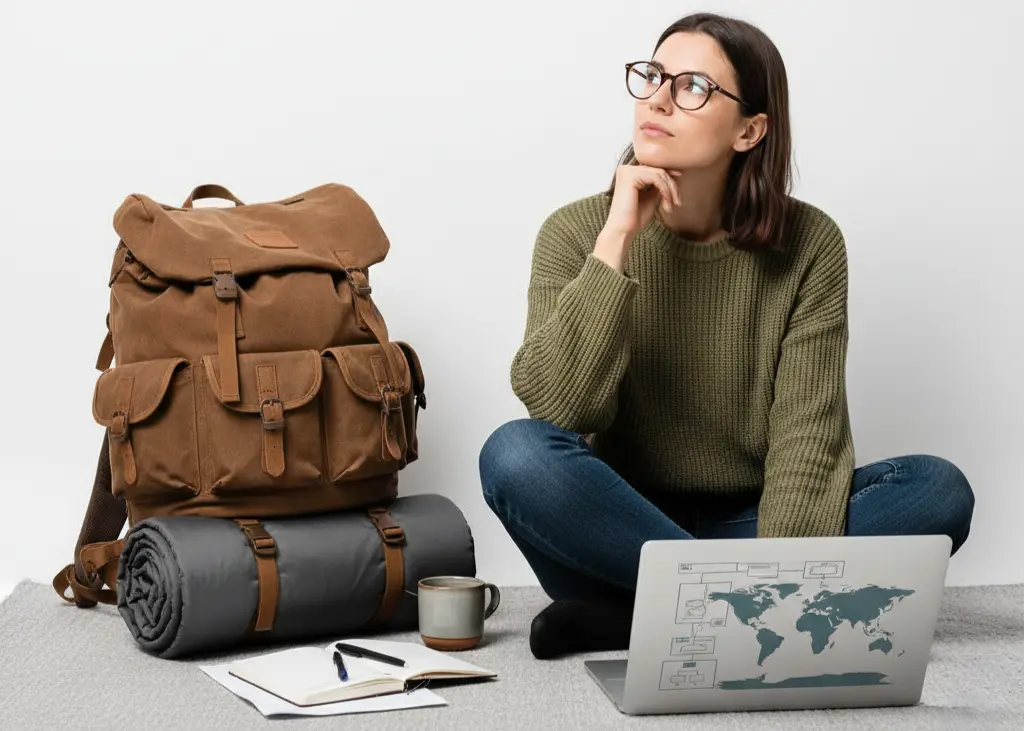 Digital nomad blogger considering paid guest posts on her laptop, with backpack and notebook beside her.