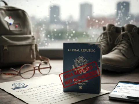Passport with “visa refused” stamp on a desk, showing risks of using volunteer abroad visa sponsorship to migrate