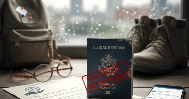 Passport with “visa refused” stamp on a desk, showing risks of using volunteer abroad visa sponsorship to migrate
