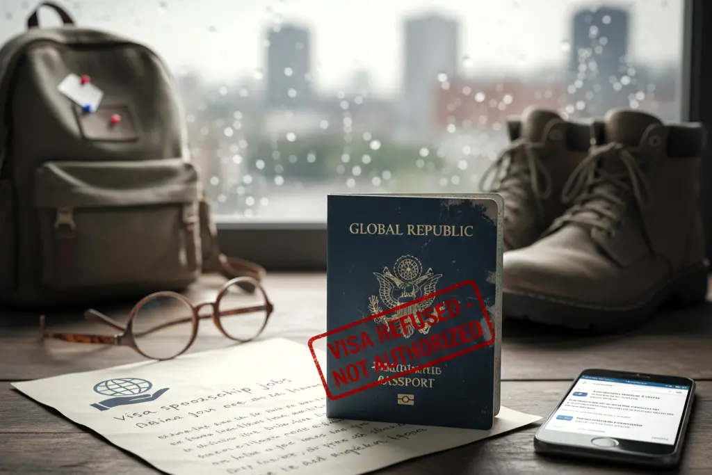 Passport with “visa refused” stamp on a desk, showing risks of using volunteer abroad visa sponsorship to migrate