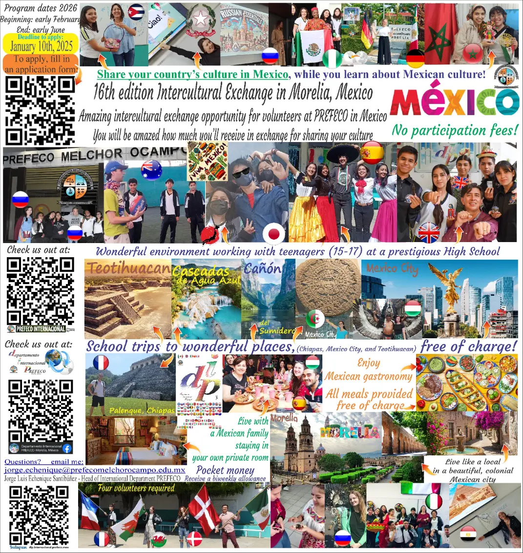 Intercultural volunteer exchange in Morelia, Mexico 2026 banner with international volunteers, PREFECO high school, no participation fees, private room with host family, meals, pocket money, school trips, application deadline January 10, 2026