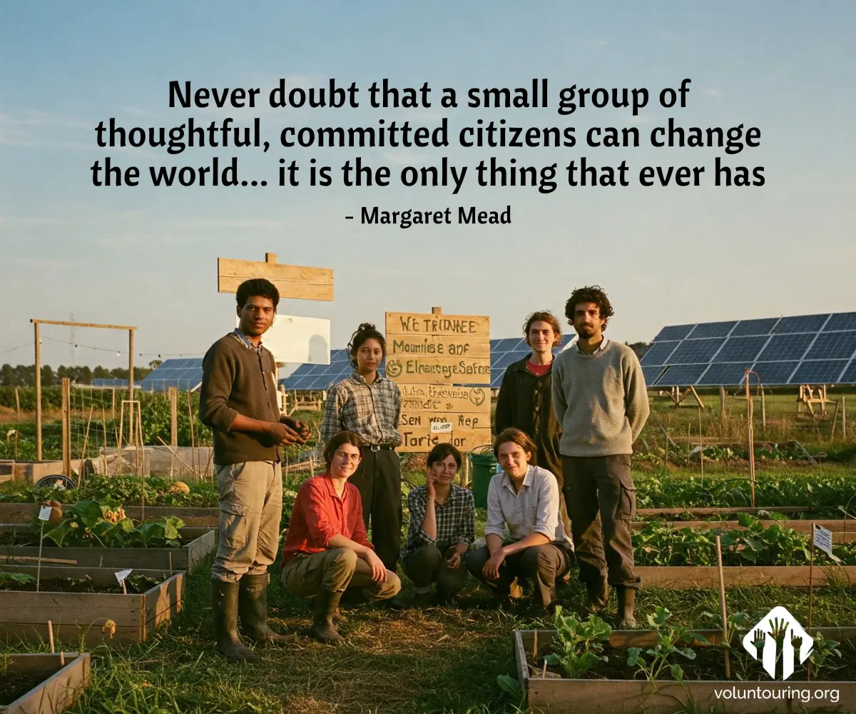 A group of volunteers standing in a community garden at sunset, with solar panels in the background and a quote about small groups changing the world , with the quote "Never doubt that a small group of thoughful, committed citizens can change the world it is the only thing that ever has - Margaret Mead"