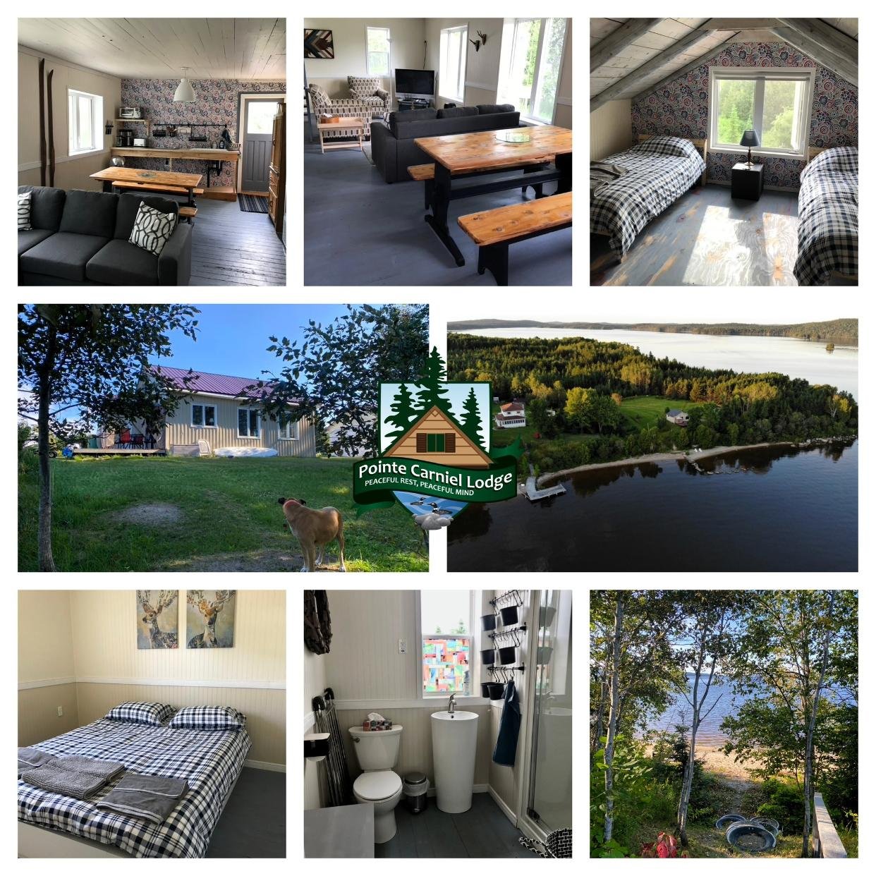 Photo collage of a lakeside cabin and lodge in Quebec, Canada: kitchen, living area, bedrooms, bathroom, beach view and aerial lake property, for a volunteer exchange project