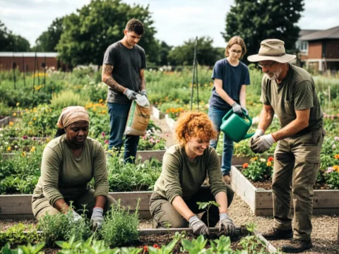 Volunteers from different backgrounds planting seedlings in a community garden, representing community based, slow and ethical voluntourism projects that offer food and accommodation in exchange for help.