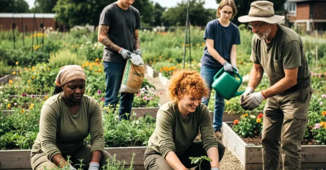 Volunteers from different backgrounds planting seedlings in a community garden, representing community based, slow and ethical voluntourism projects that offer food and accommodation in exchange for help.