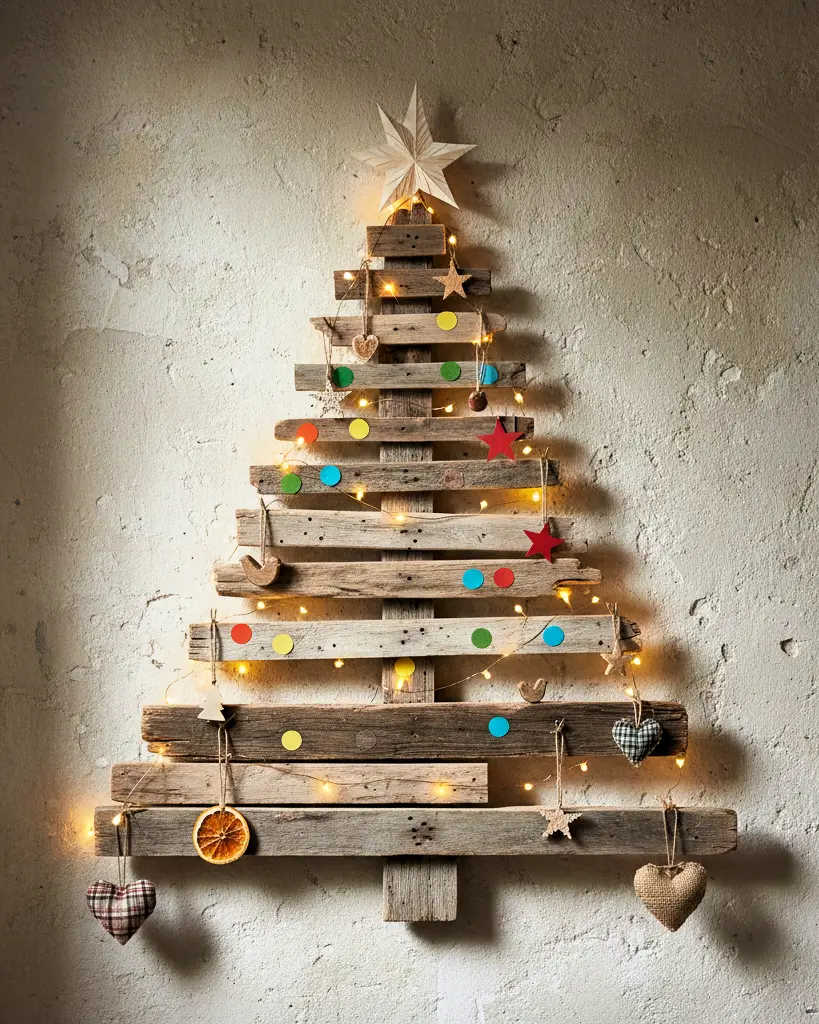 Wall mounted Christmas tree made from recycled pallet wood, decorated with paper circles, red stars, fabric hearts, dried orange slices and warm LED fairy lights on a rustic plaster wall.