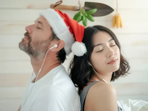Man in a Santa hat and woman sitting back-to-back with earphones, eyes closed, relaxing to a calm Christmas playlist.