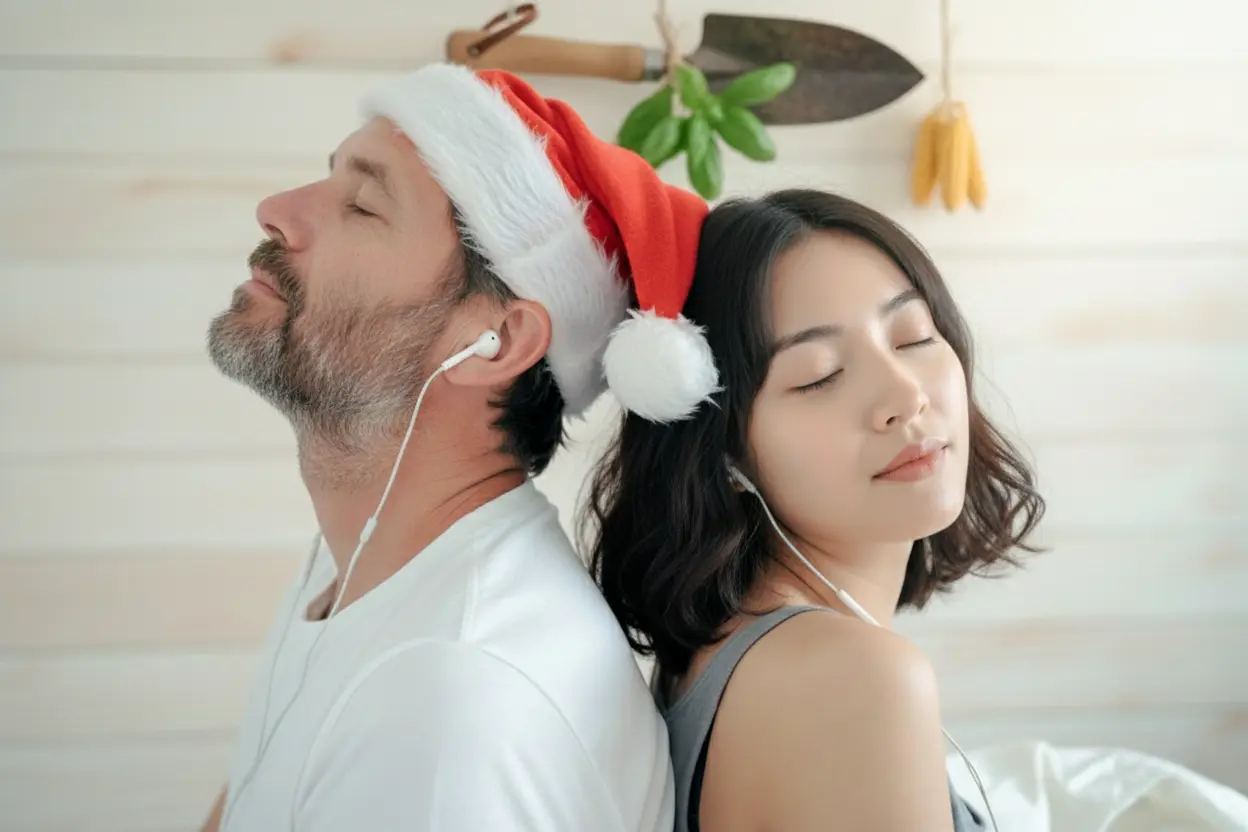 Man in a Santa hat and woman sitting back-to-back with earphones, eyes closed, relaxing to a calm Christmas playlist.