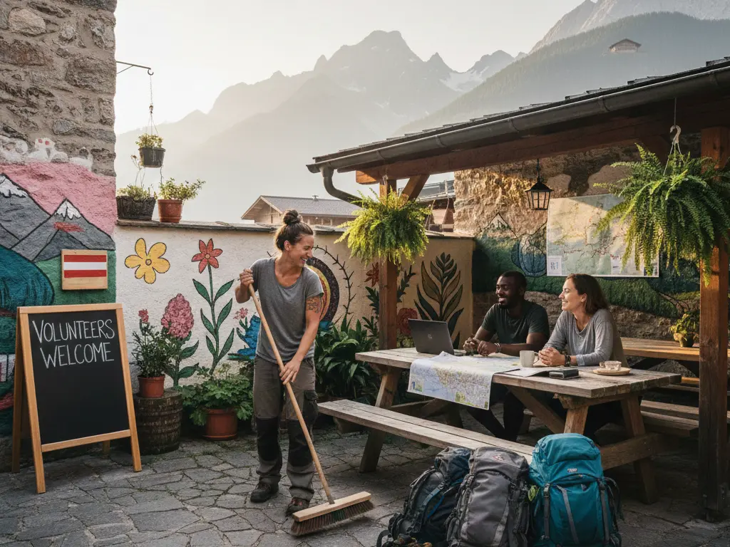 Backpackers enjoying volunteering opportunities in Austria at a mountain guesthouse, volunteers welcome sign and work exchange in the Austrian Alps, ideal for volunteer projects in Austria.