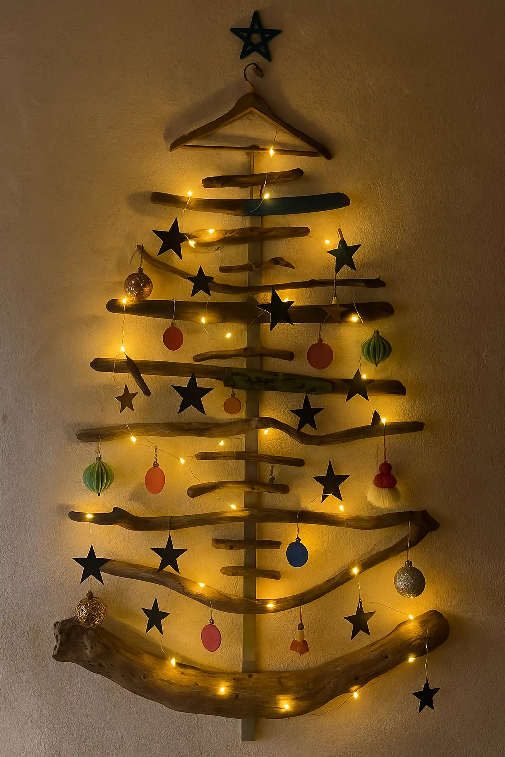 Wall mounted Christmas tree made from recycled driftwood and reclaimed wood, decorated with handmade paper ornaments and warm yellow fairy lights on a white plaster wall.
