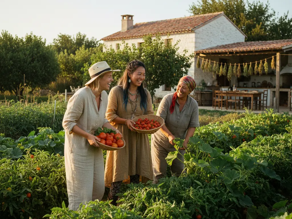 Smiling volunteers harvesting tomatoes on an organic farm during a work exchange with free accommodation.
