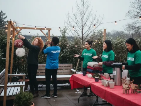 Christmas volunteers decorating an outdoor community space and preparing hot drinks and blankets on a winter day, diverse group of young people in “VOLUNTEER” shirts getting ready for a festive charity event.