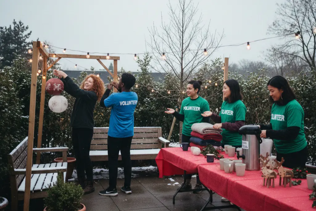 Christmas volunteers decorating an outdoor community space and preparing hot drinks and blankets on a winter day, diverse group of young people in “VOLUNTEER” shirts getting ready for a festive charity event.