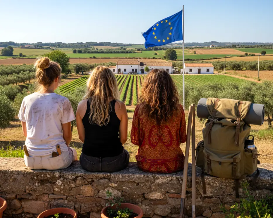 Young female volunteers on a European organic farm with a backpack under the European Union flag