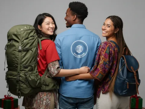 Christmas gifts for slow travellers: three international volunteers with backpacks standing in front of Christmas presents.