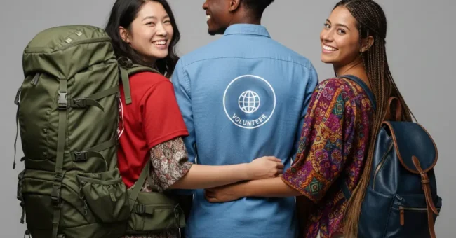 Christmas gifts for slow travellers: three international volunteers with backpacks standing in front of Christmas presents.