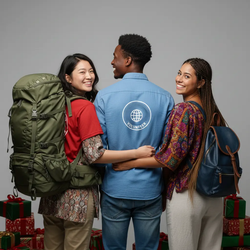 Christmas gifts for slow travellers: three international volunteers with backpacks standing in front of Christmas presents.