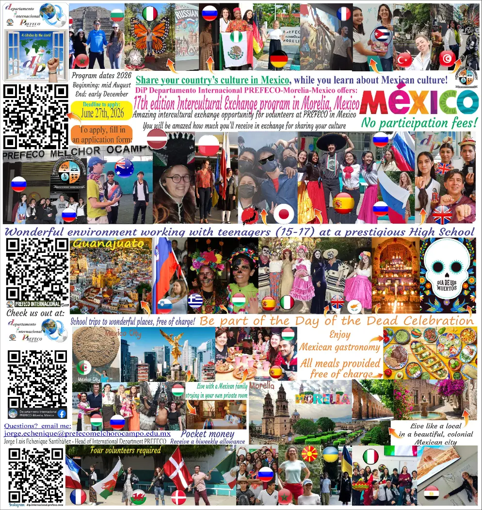 Intercultural volunteer exchange in Morelia, Mexico 2026 banner with international volunteers, PREFECO high school, no participation fees, private room with host family, meals, pocket money, school trips
