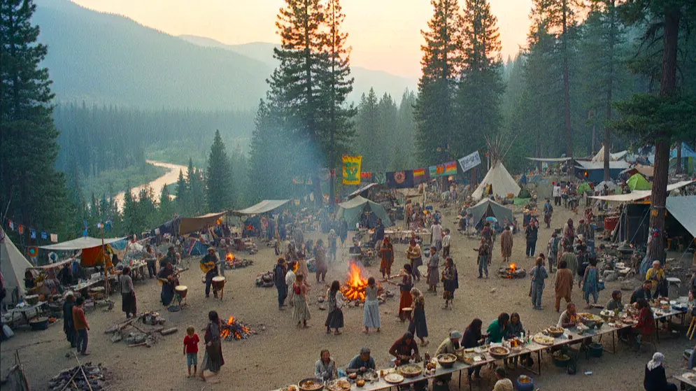 Rainbow Gathering in a mountain forest, with many people camping, cooking and eating together around campfires.